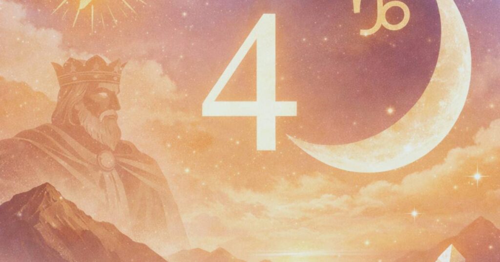 Ilustratie digitala in stil pastel-mistic despre vibratia 4 si Luna Noua in Capricorn: un Imparat cu coroana in partea stanga,stralucitoare sus, numarul 4 in centru, un disc lunar cu semnul Capricornului si o secera de luna pe dreapta, munti si ceata aurie la orizont, cu cristale in prim-plan