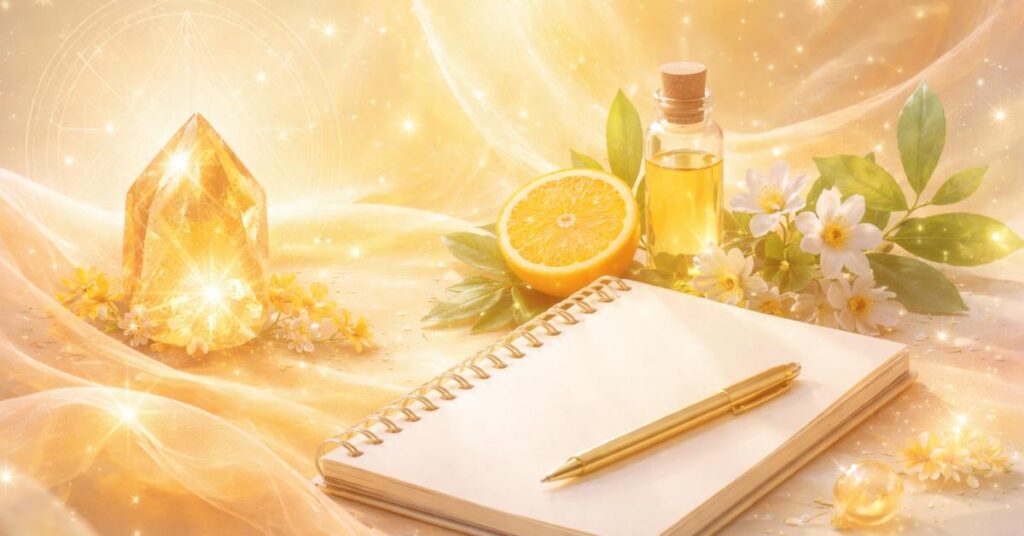 „Creativitate si exprimare in saptamana 12–18 ianuarie: caiet deschis, pix auriu, cristal citrin, portocala si ulei esential in lumina galben-aurie