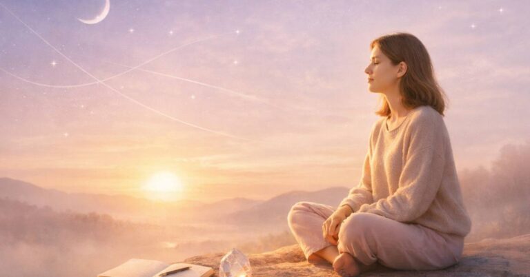 Femeie meditand la rasarit, pe stanca, cu cer pastel si elemente cosmice, jurnal deschis si cristal pentru claritate si calm.